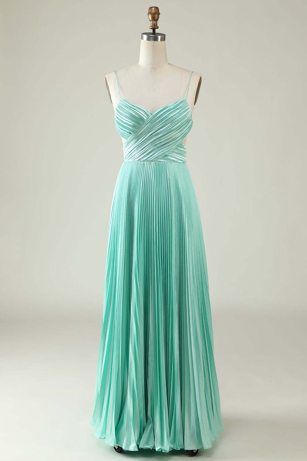 Pleated Satin V-neck Spaghetti Strap A-line Bridesmaid Dress