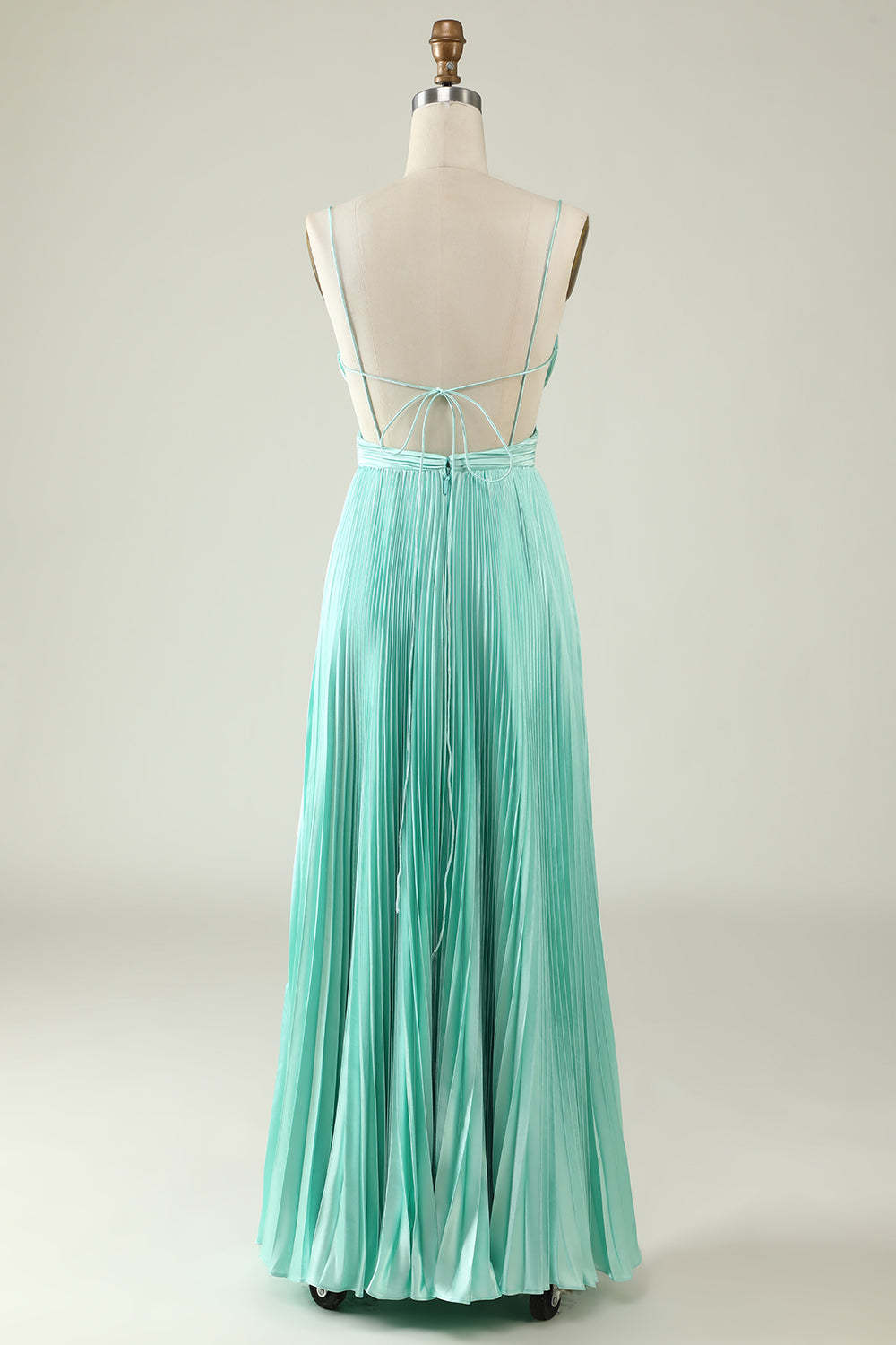 Pleated Satin V-neck Spaghetti Strap A-line Bridesmaid Dress