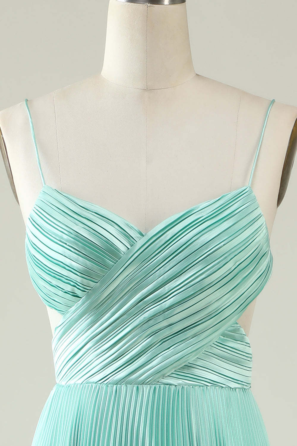 Pleated Satin V-neck Spaghetti Strap A-line Bridesmaid Dress