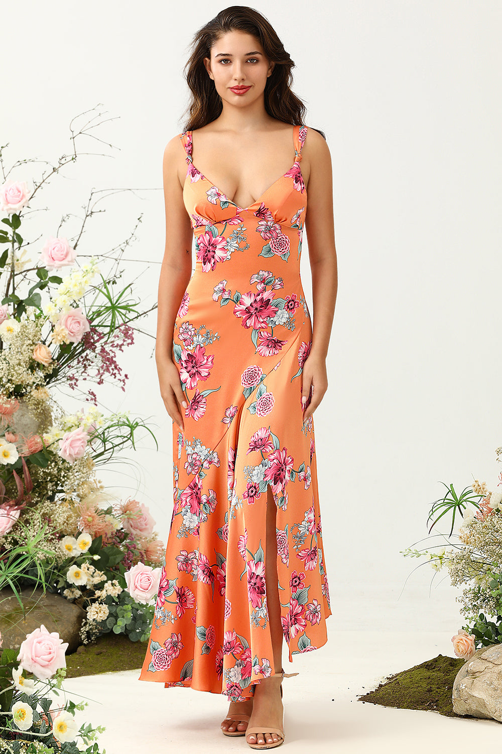 Leely Women Orange Floral Asymmetrical Boho Bridesmaid Dress Straps Wedding Guest Dress