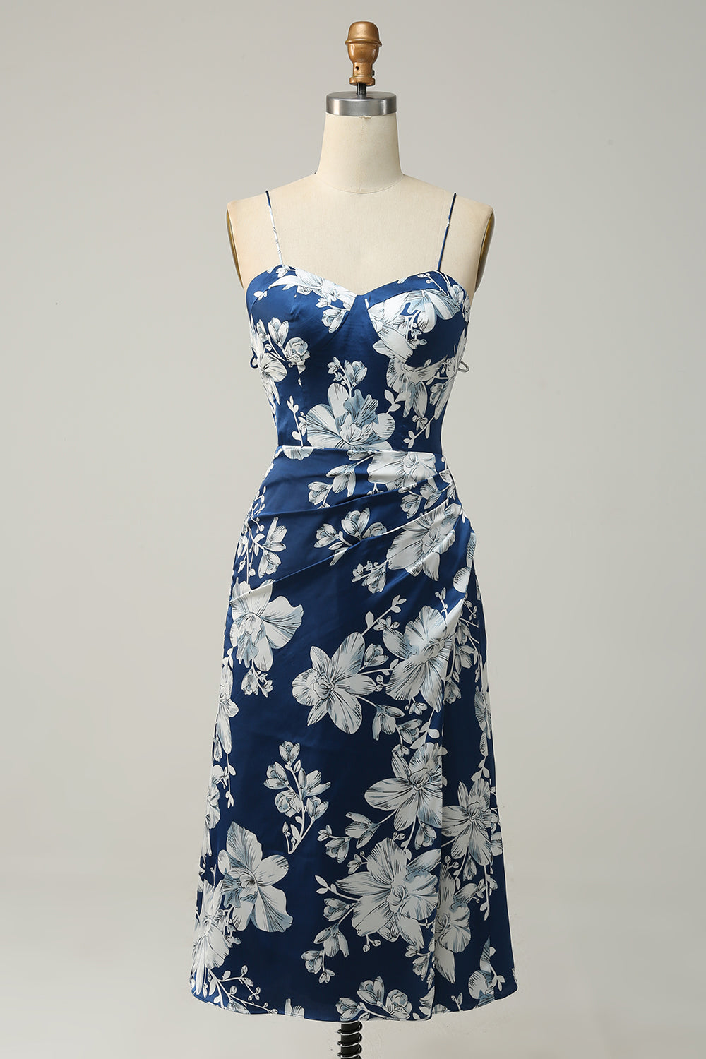 Leely Women Ink Blue Floral Tea-Length Bridesmaid Dress Spaghetti Straps Wedding Party Dress