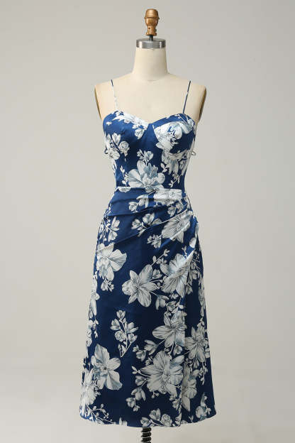 Leely Women Ink Blue Floral Tea-Length Bridesmaid Dress Spaghetti Straps Wedding Party Dress
