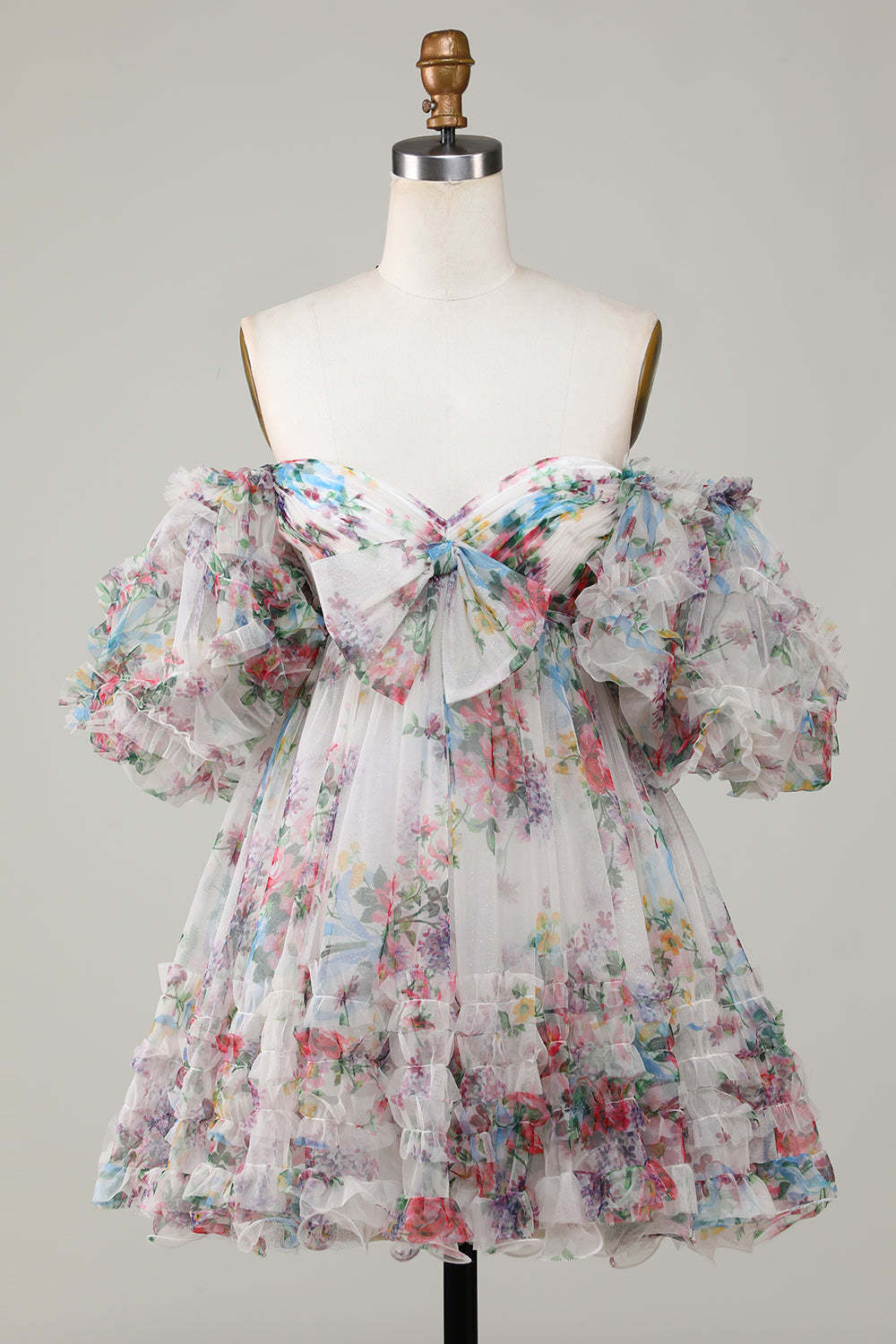 LEELY Cute Homecoming Dress Ivory Floral Printed A-Line Puff Sleeves Cocktail Dress with Bowknot