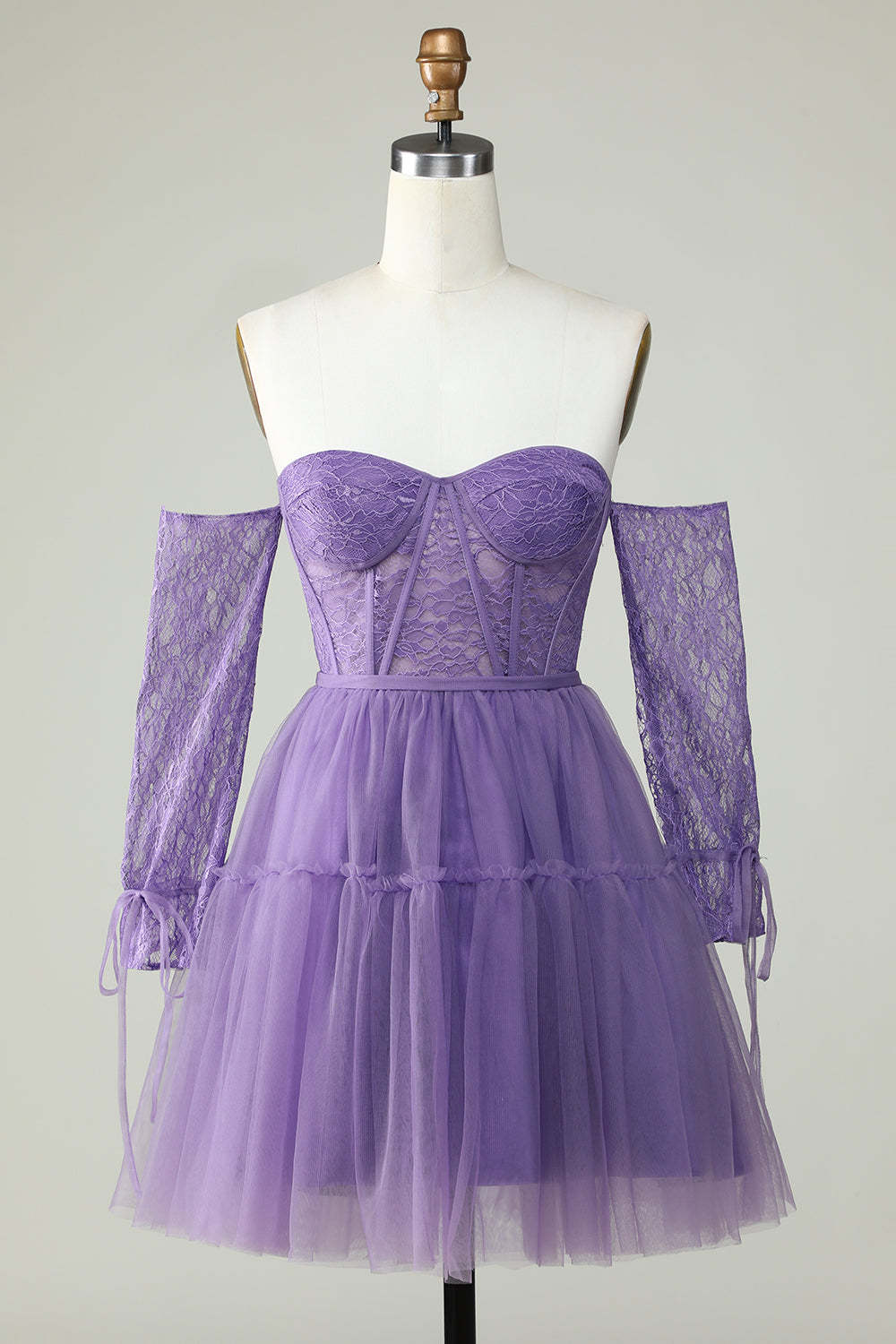 LEELY Women Purple Sweetheart Corset Detachable Long Sleeves A-Line Homecoming Dress