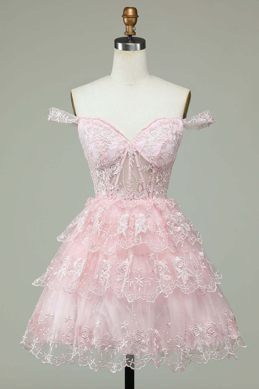 LEELY Women Pink Corset Tiered Short Homecoming Dress Party Dress With Embroidery