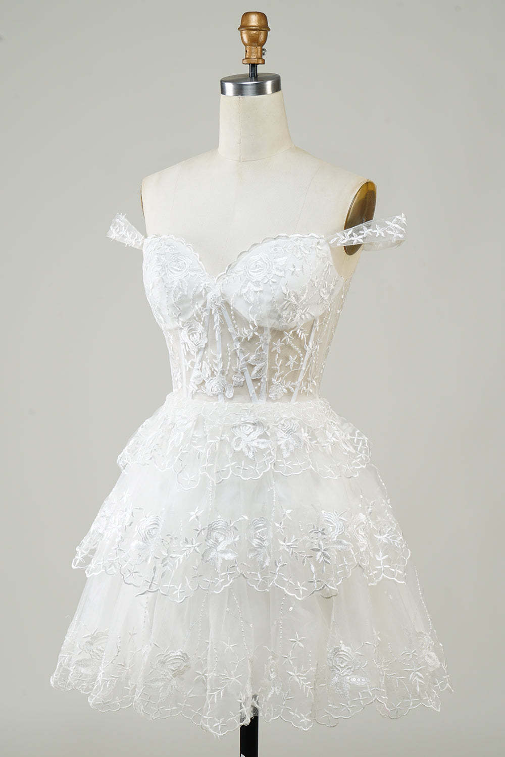 Princess A-Line White Corset Tiered Short Homecoming Dress with Lace