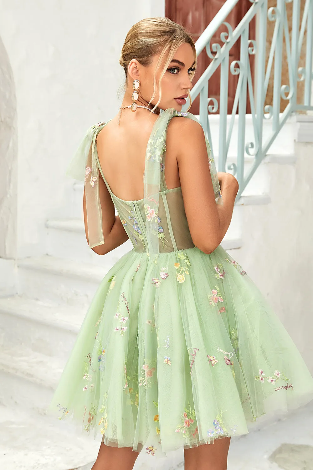 Trendy A Line Spaghetti Straps Green Short Homecoming Dress with Embroidery