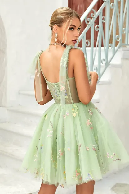 Trendy A Line Spaghetti Straps Green Short Homecoming Dress with Embroidery