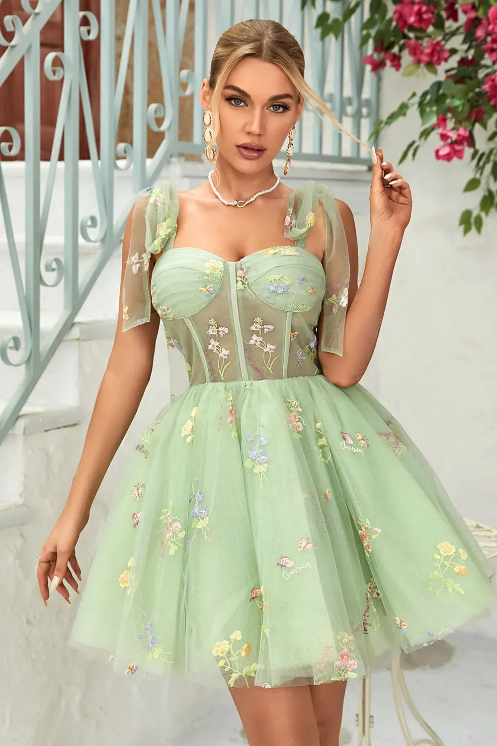 Trendy A Line Spaghetti Straps Green Short Homecoming Dress with Embroidery