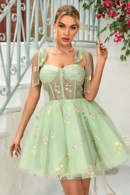 Trendy A Line Spaghetti Straps Green Short Homecoming Dress with Embroidery