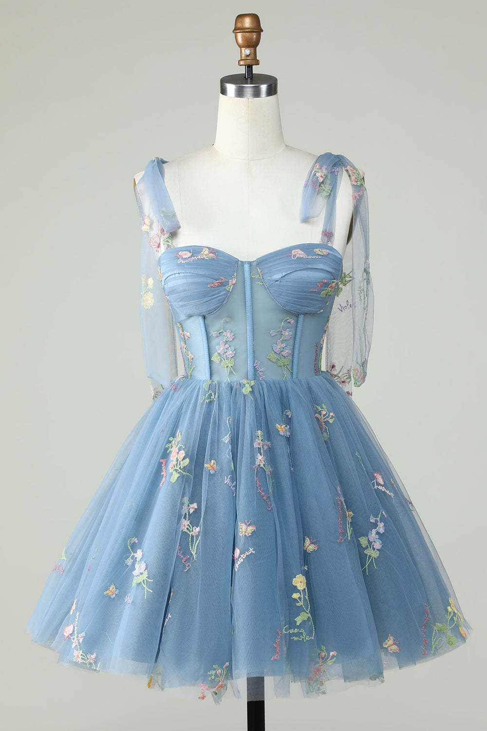 LEELY Women Blue Corset Short Homecoming Dress Floral A Line Spaghetti Straps Cocktail Dress