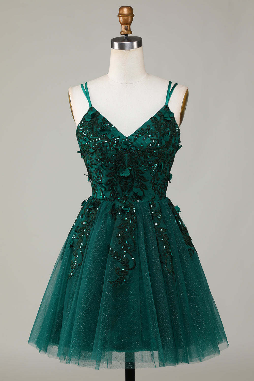 LEELY Women Dark Green Sequins Short Homecoming Dress Lace Up Tulle Cocktail Dress