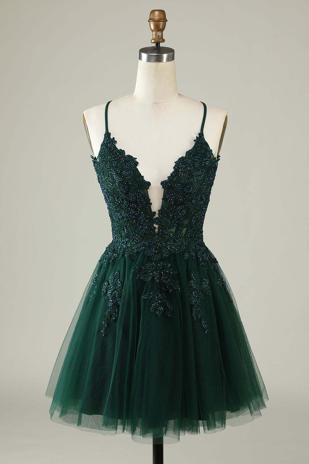 LEELY Women Dark Green Short Tulle Homecoming Dress A Line Lace Up Cocktail Dress