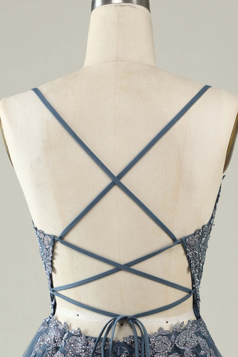 A Line Spaghetti Straps Grey Blue Short Homecoming Dress with Appliques