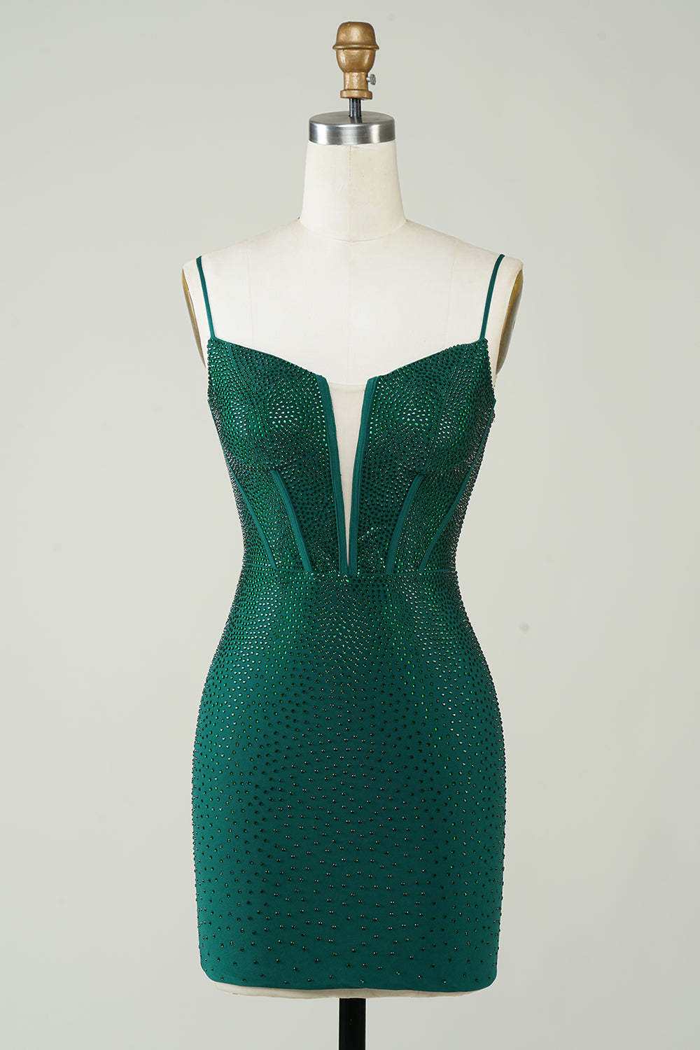 LEELY Women Dark Green Short Homecoming Dress Boning Bodycon Spaghetti Straps Cocktail Dress