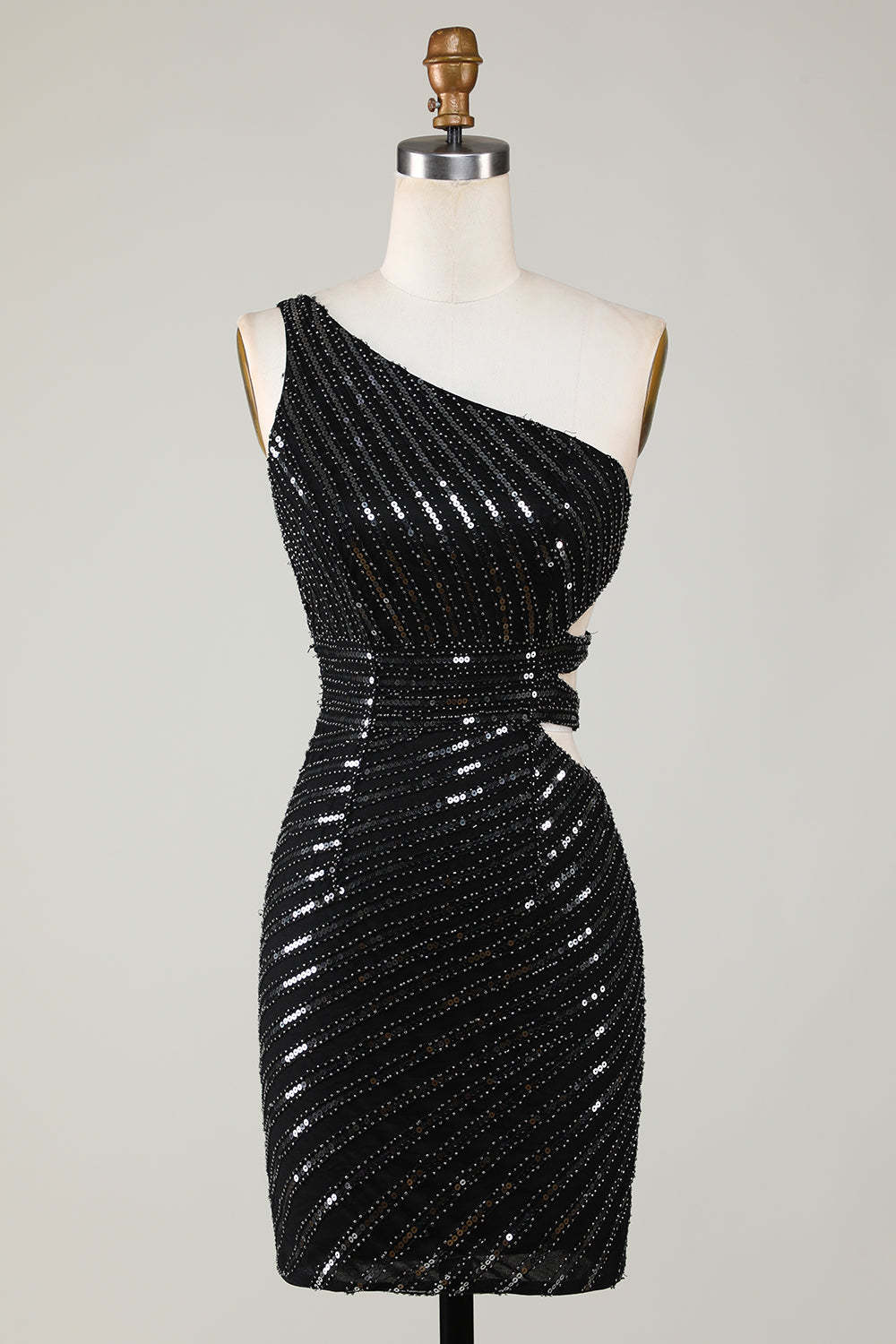 LEELY Sexy One Shoulder with Hollow-out Black Sequins Bodycon Homecoming Dress