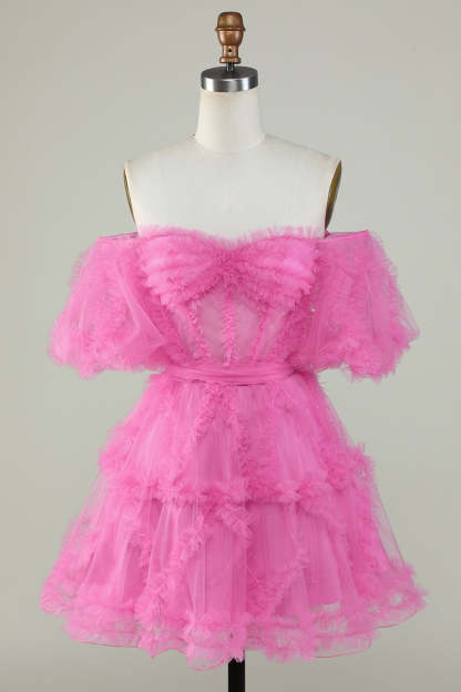 LEELY Princess Off the Shoulder Tulle Homecoming Dress Hot Pink Ruffles A Line Short Prom Dress