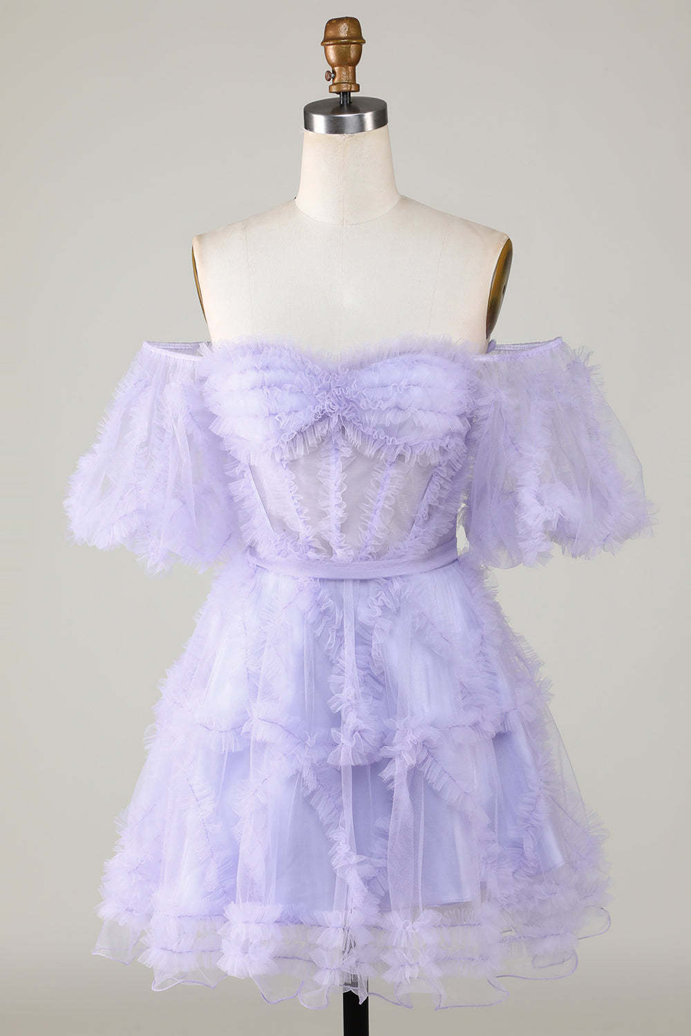 LEELY Romantic Off the Shoulder Tulle Homecoming Dress Purple A Line Short Prom Dress