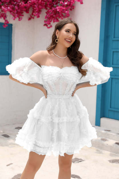 LEELY Women Corset A-Line Ruffled Graduation Dress Off the Shoulder Short Sleeves Engagement Party Dress
