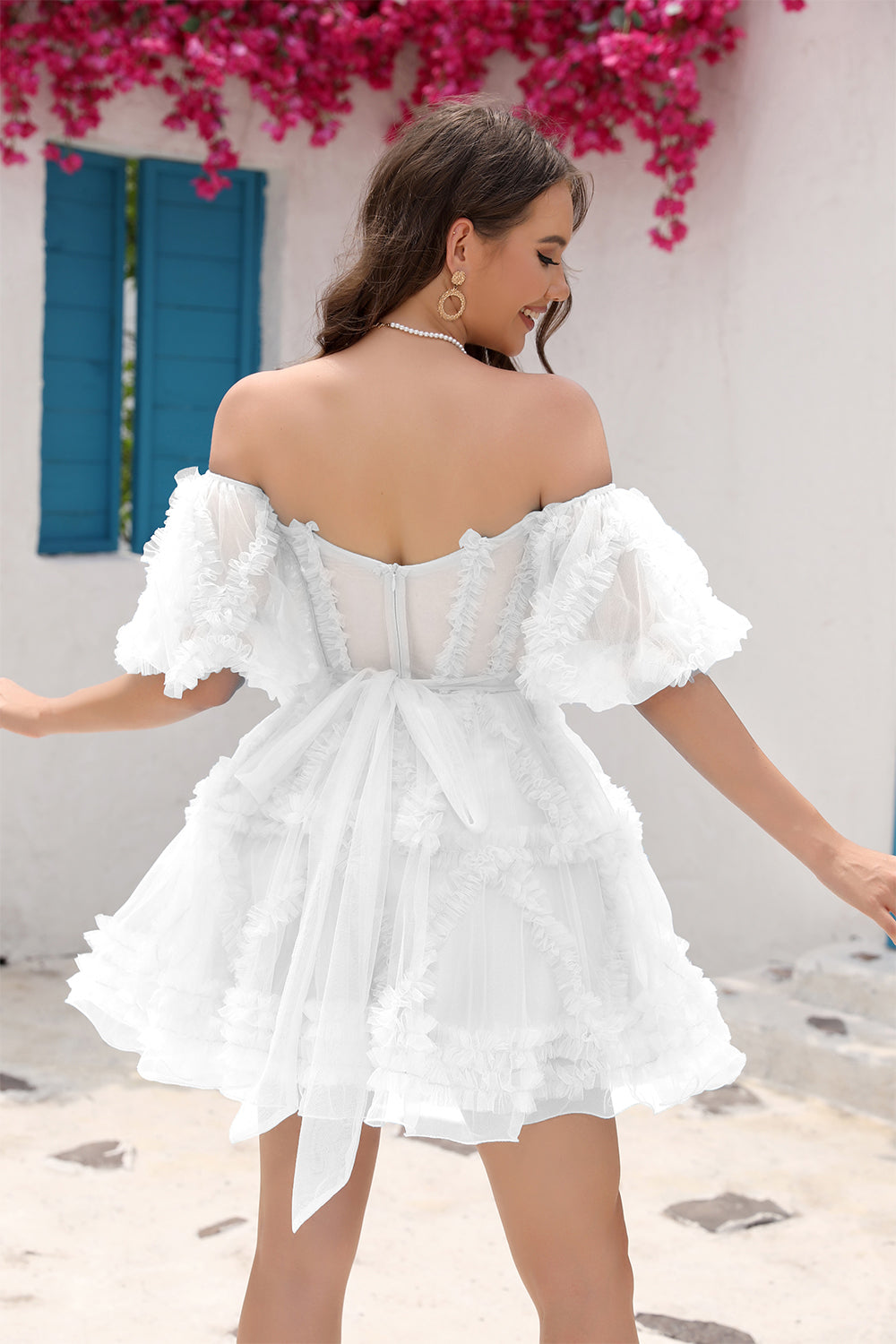 A-Line Off The Shoulder Ruffled Corset Cute Graduation Dress