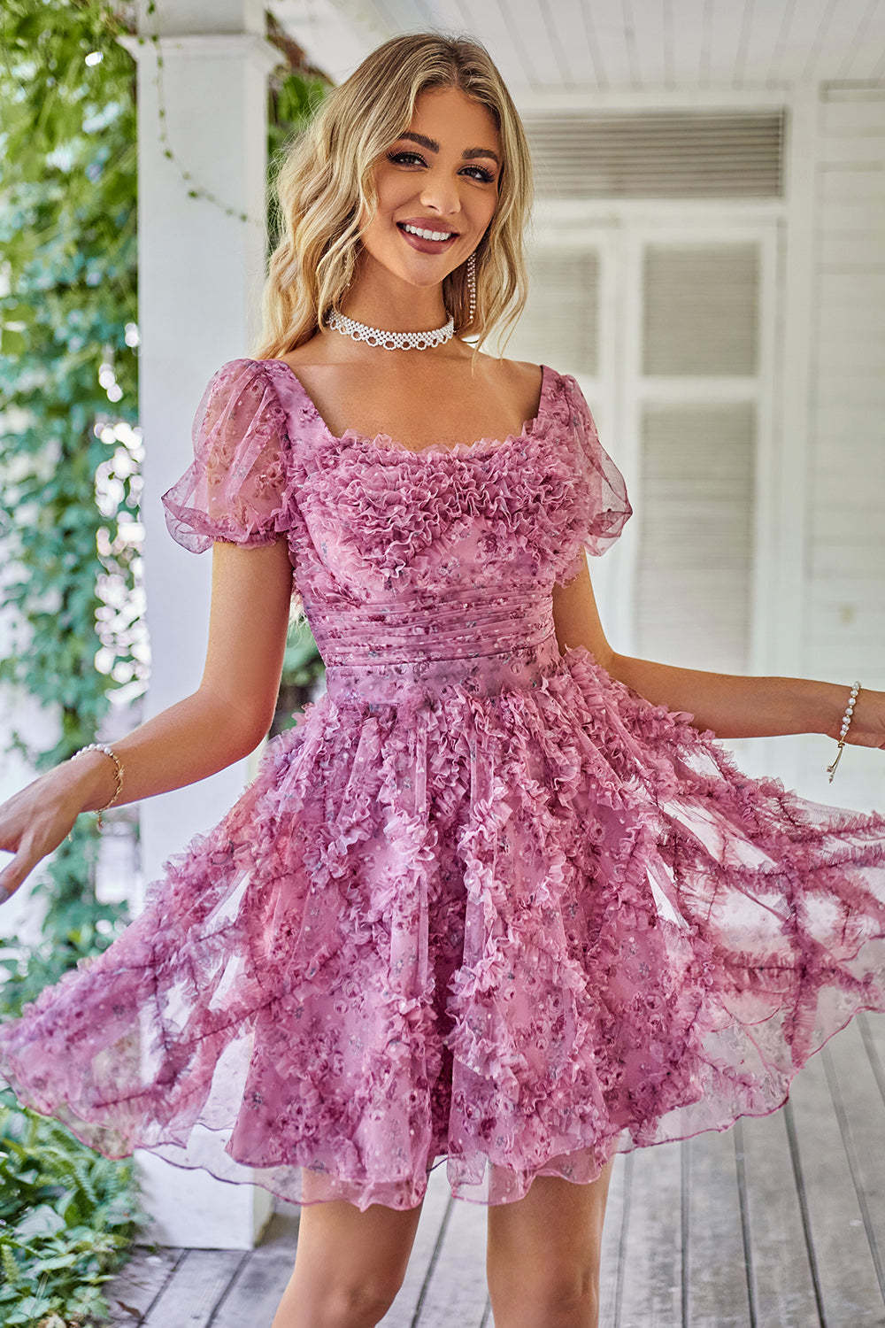 A Line Purple Printed Homecoming Dress with Ruffles