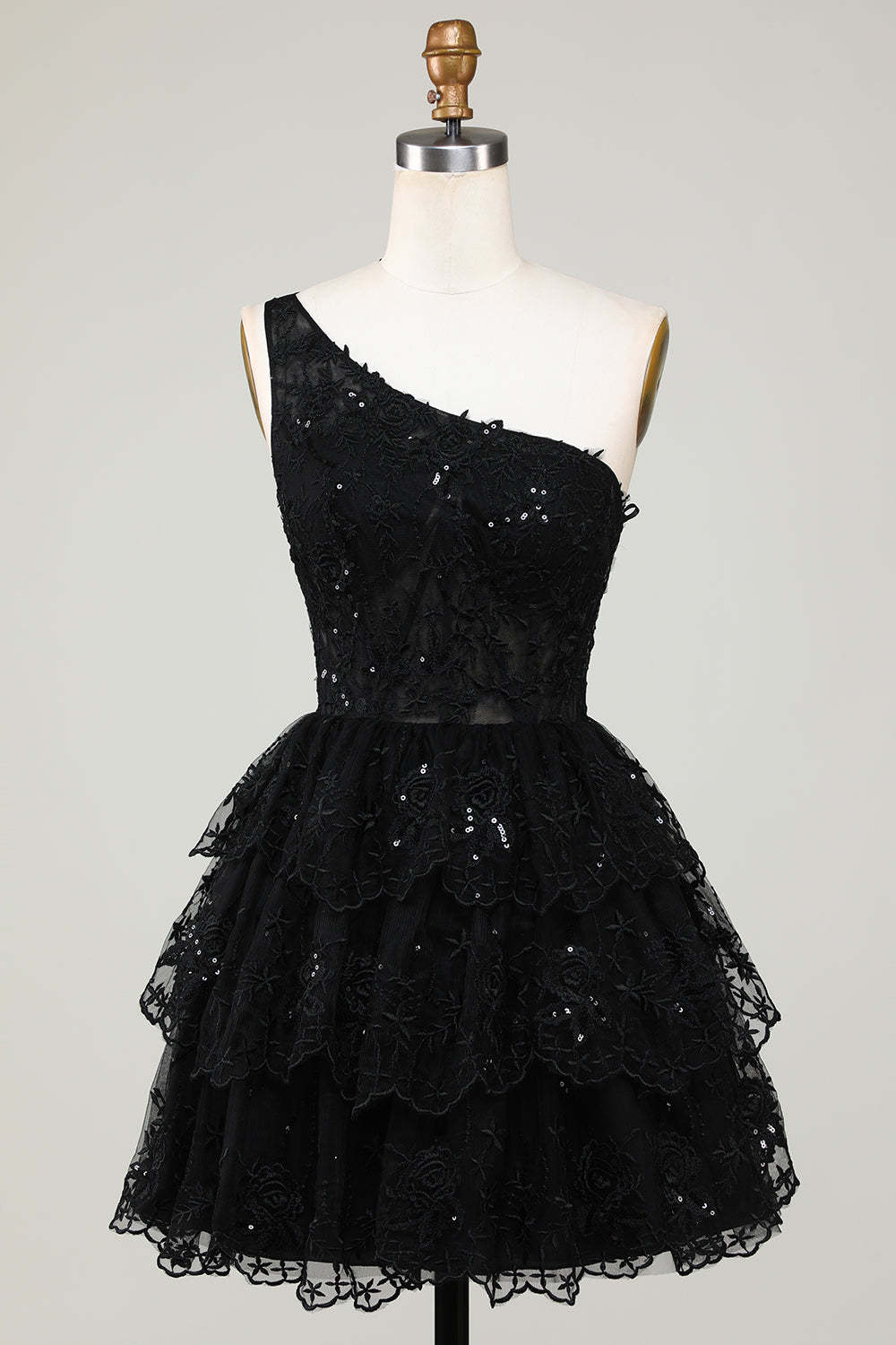 LEELY Gorgeous Black One Shoulder Tiered Lace Homecoming Dress With Appliques