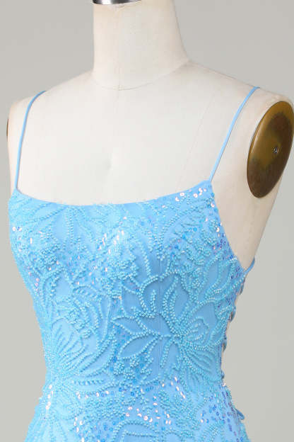 Sparkly Blue Beaded Tight Short Homecoming Dress