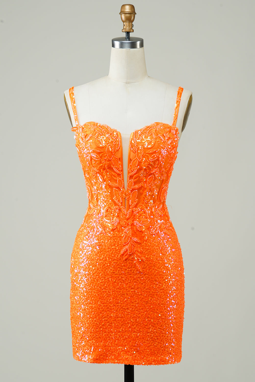 LEELY Women Glitter Orange Tight Homecoming Dress Spaghetti Straps Beaded Mini Cocktail Dress