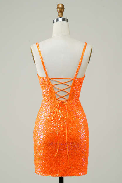 Glitter Orange Tight Homecoming Dress with Beaded