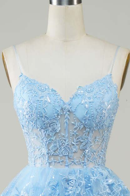 Gorgeous A Line Spaghetti Straps Black Sparkly Corset Homecoming Dress