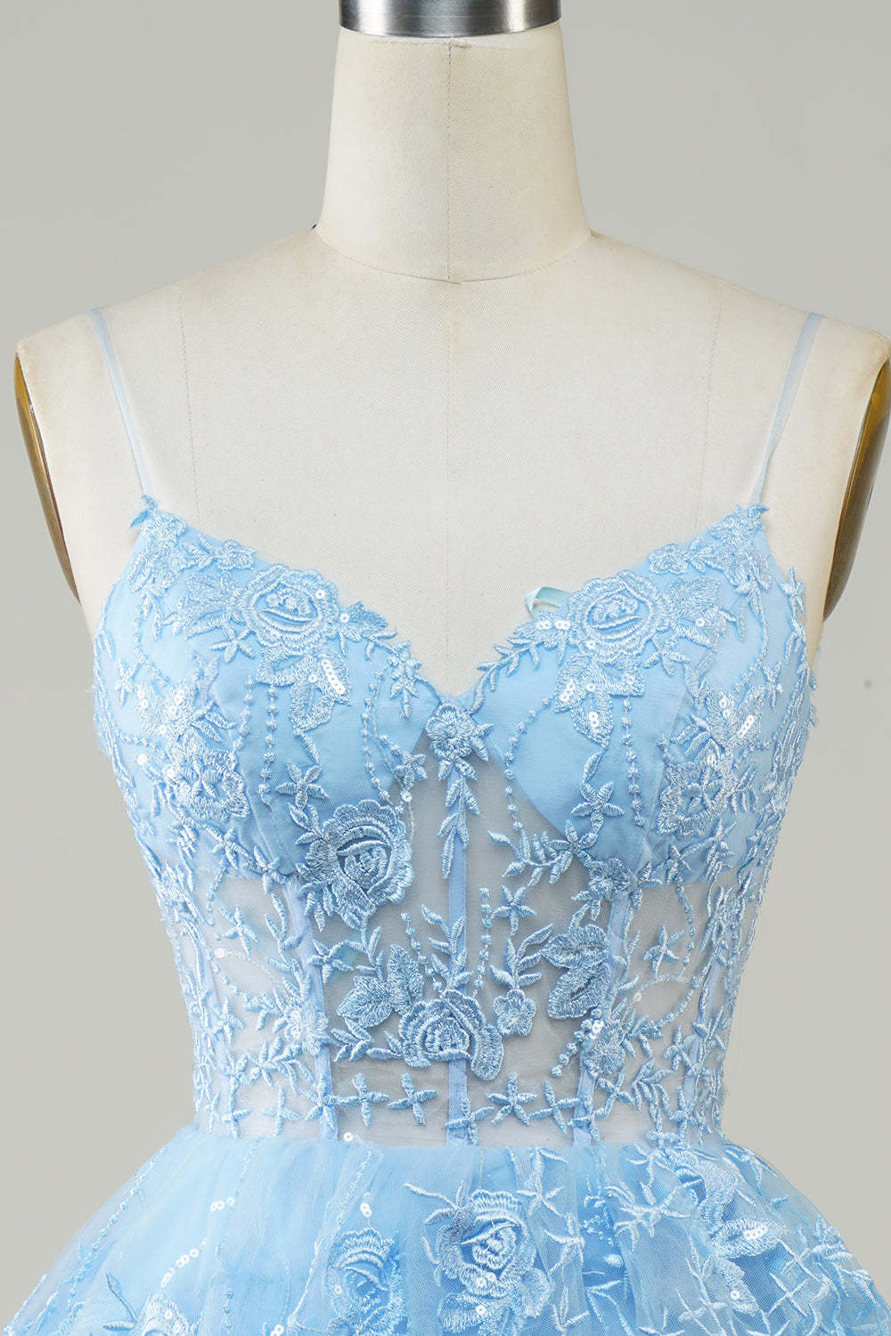 Gorgeous A Line Spaghetti Straps Blue Sparkly Corset Homecoming Dress