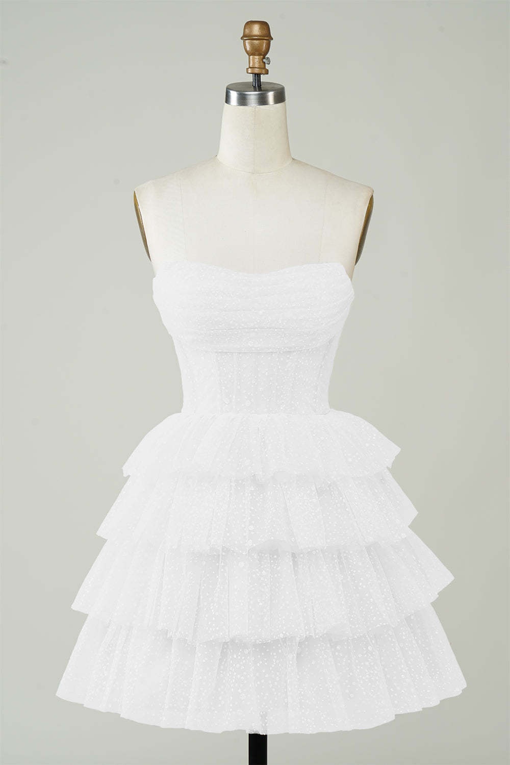 LEELY Women Princess Tiered White Cute Graduation Dress Strapless A-Line Engagement Party Dress