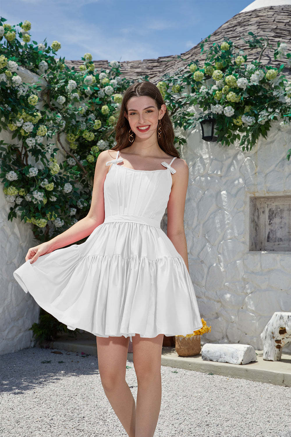 LEELY Women White Cute Short Graduation Dress A-Line Spaghetti Straps Lace Up Engagement Party Dress