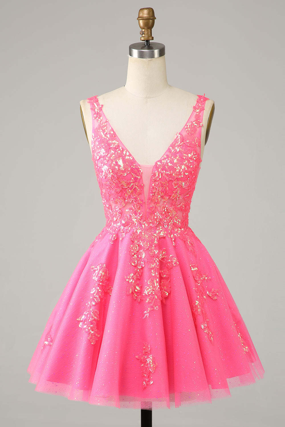 LEELY Women Fuchsia Homecoming Dress Sequined Embroidery V Neck Backless Short Party Dress