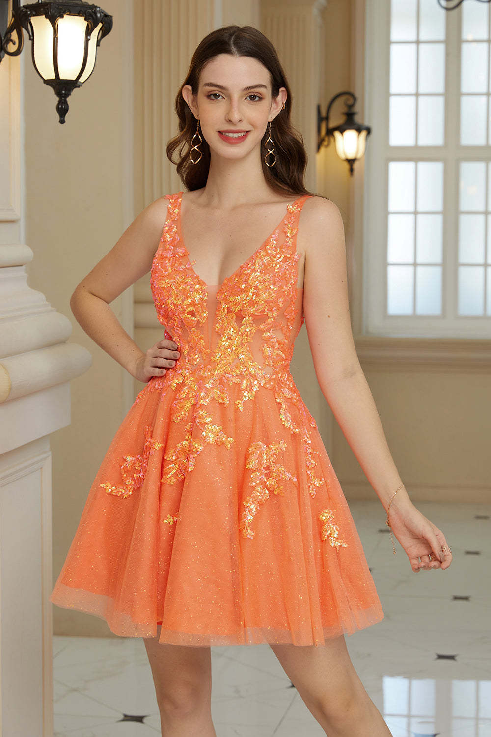 LEELY Women Glitter Tulle A-Line Homecoming Dress with Sequins Orange Cocktail Dress
