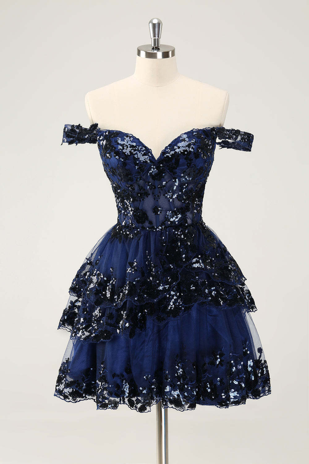 Sparkly Blue Corset Tiered Lace A-Line Short Homecoming Dress