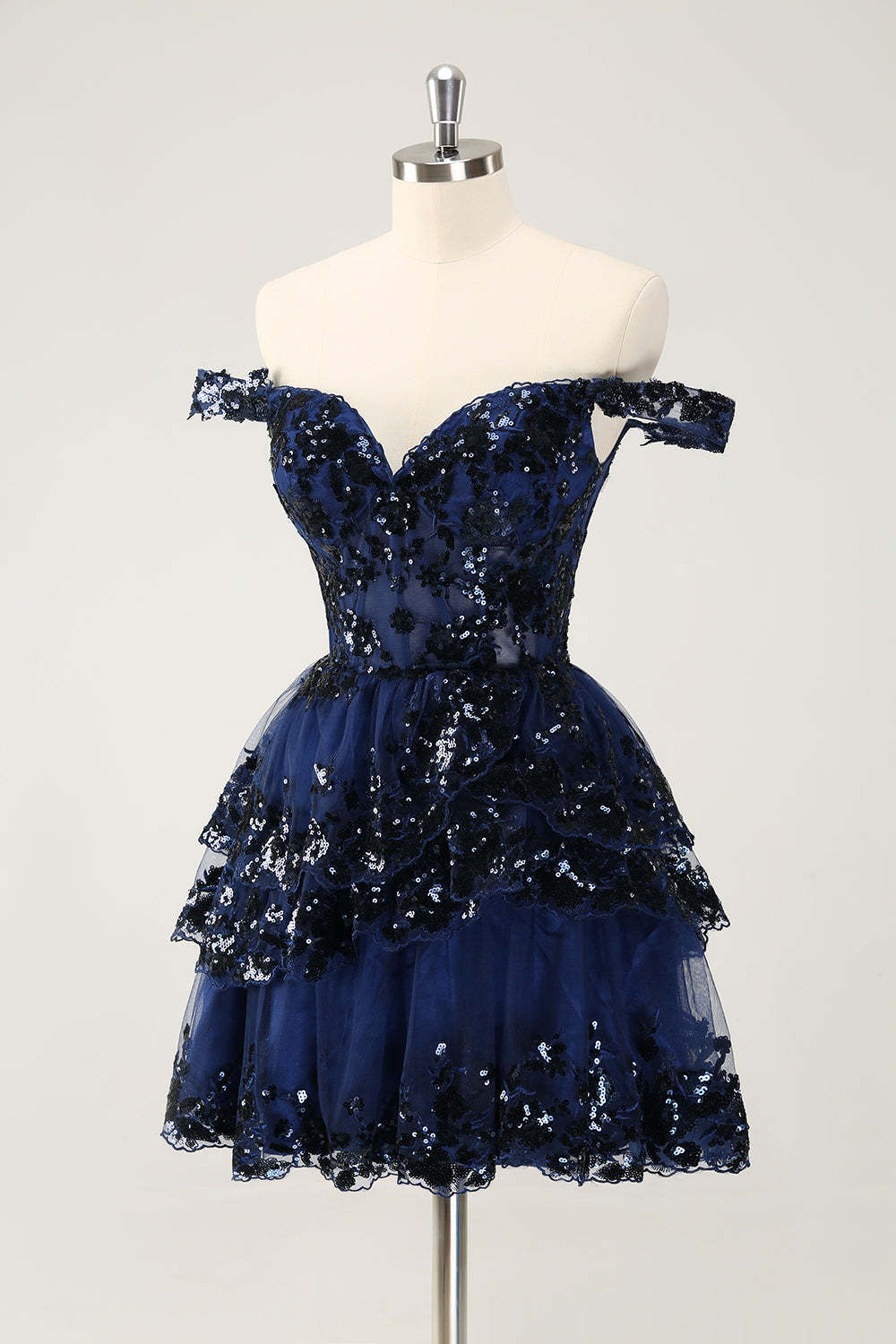 Sparkly Blue Corset Tiered Lace A-Line Short Homecoming Dress