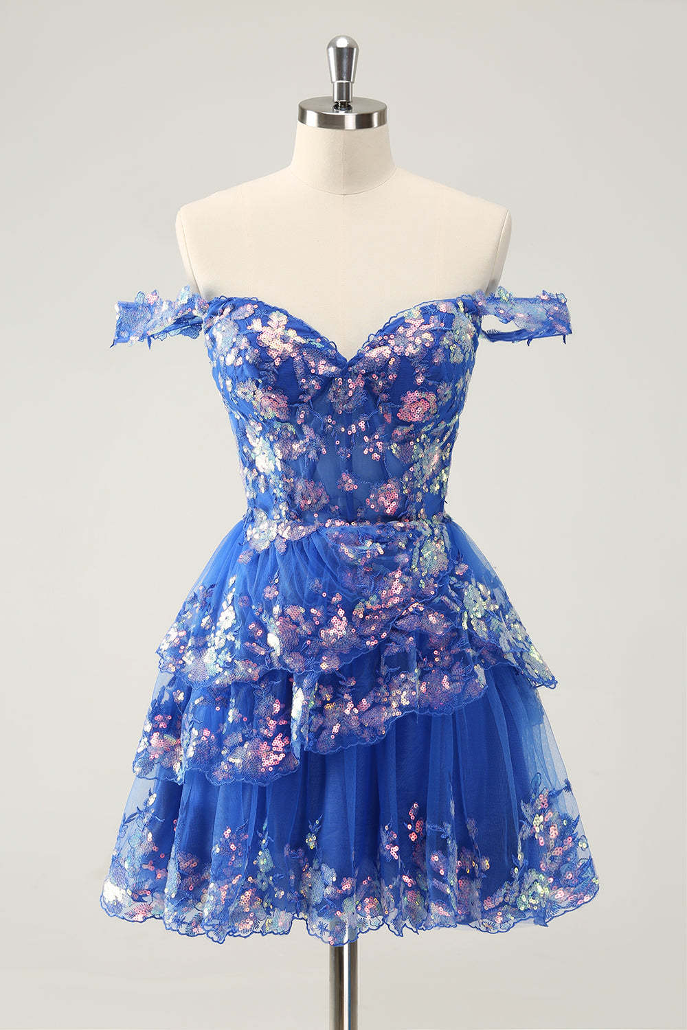 Sparkly Blue Corset Tiered Lace A-Line Short Homecoming Dress