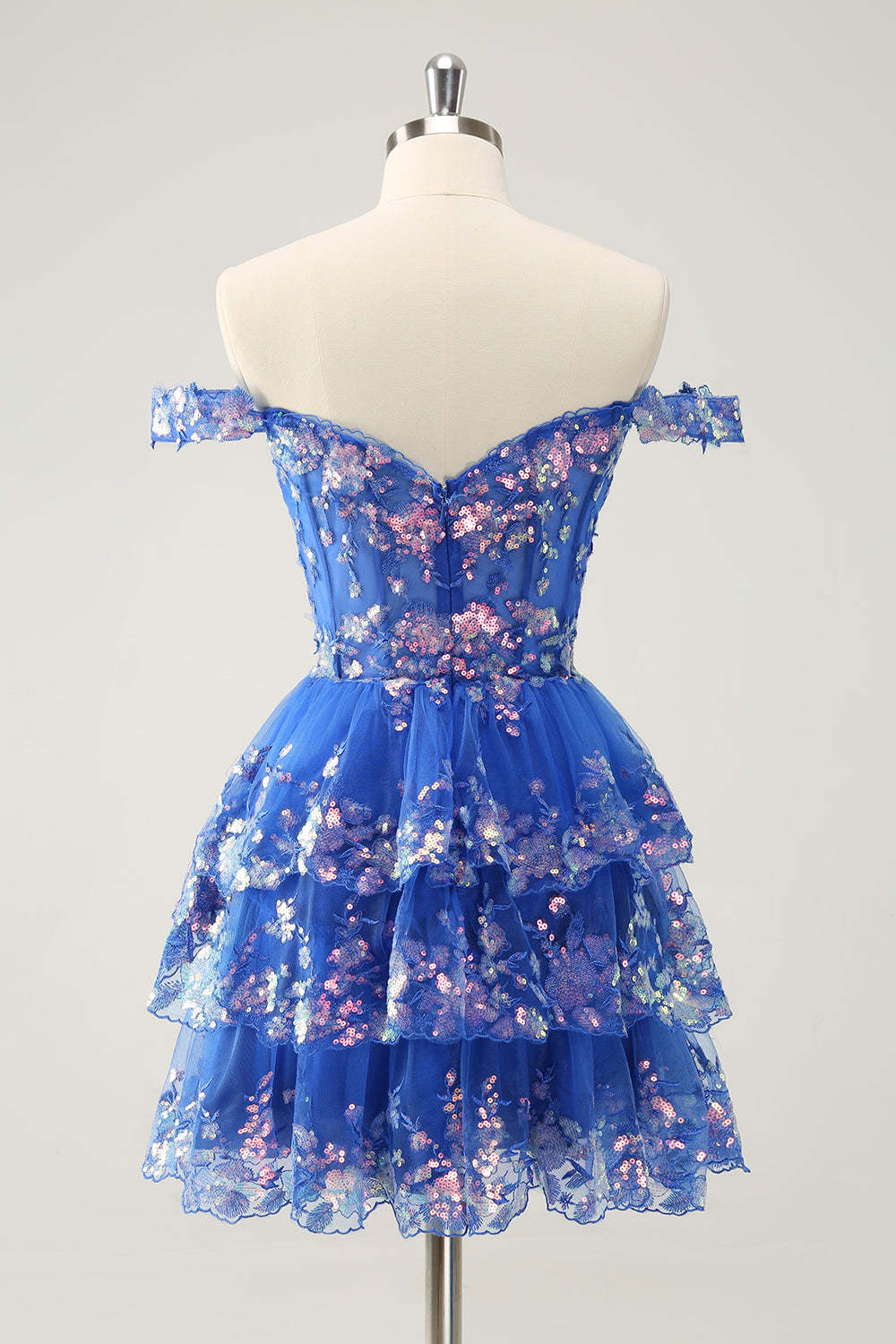 Sparkly Blue Corset Tiered Lace A-Line Short Homecoming Dress