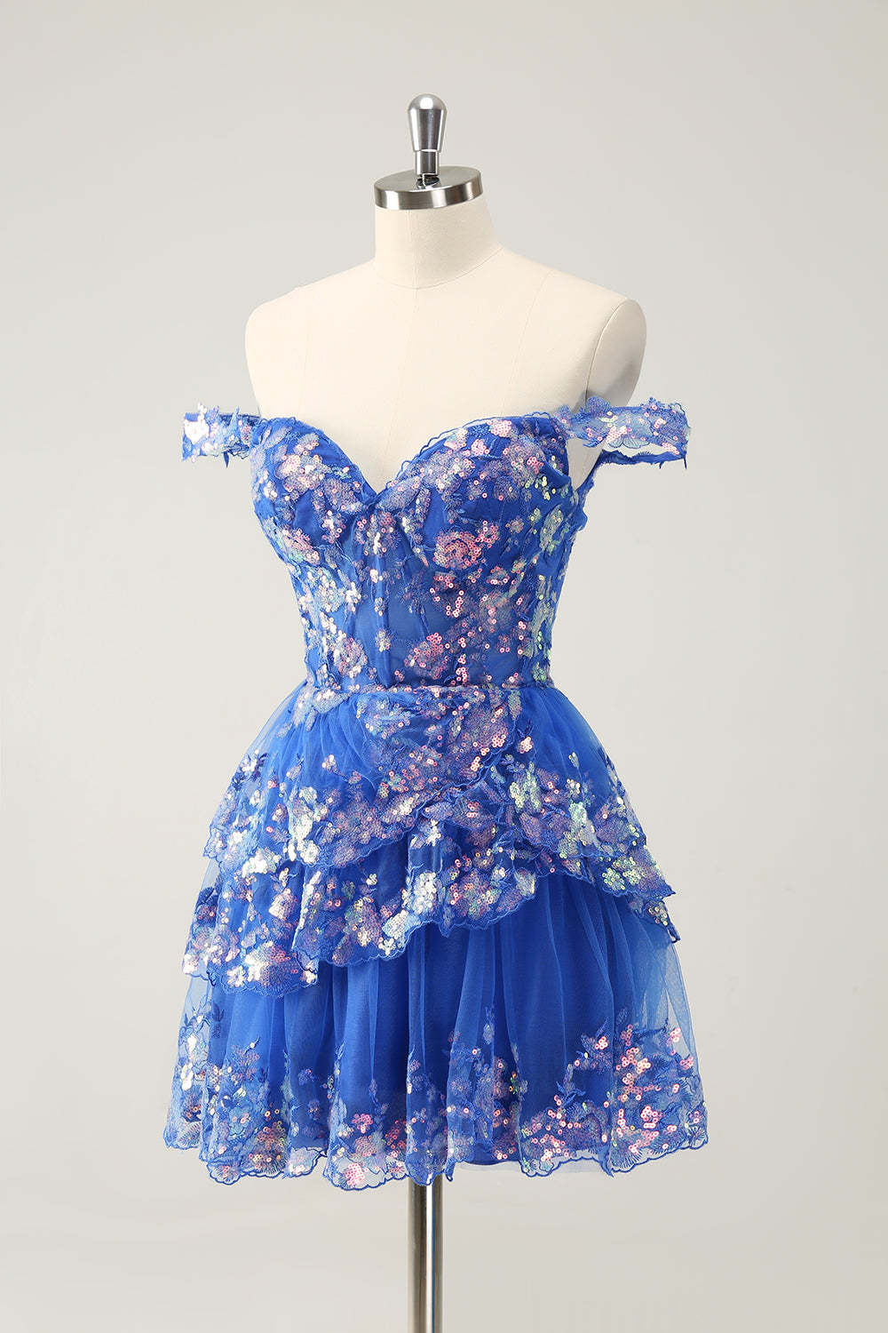 Sparkly Blue Corset Tiered Lace A-Line Short Homecoming Dress