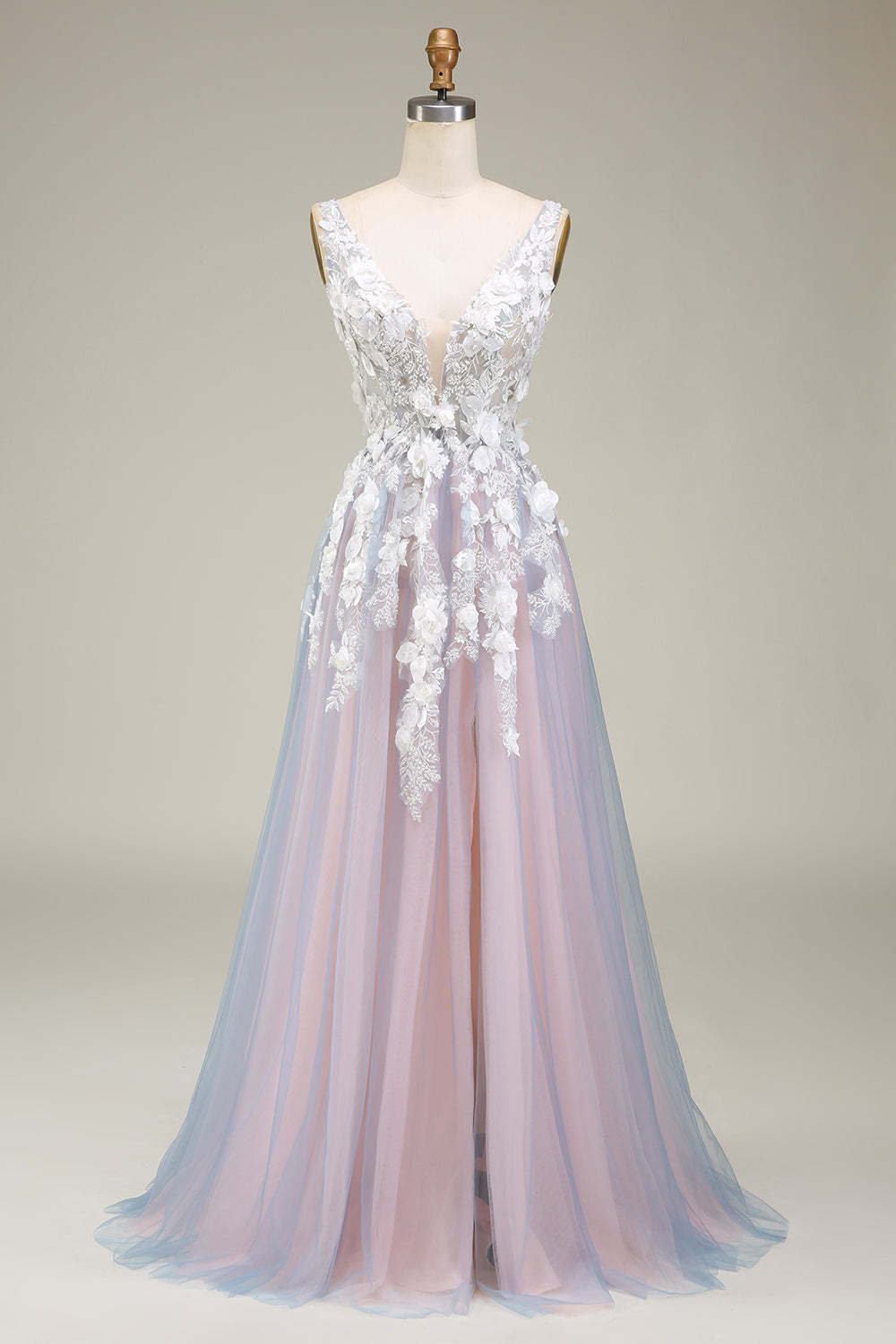 Leely Women Grey Pink Long Prom Dress Gorgeous A Line Deep V Neck Formal Dress with Appliques