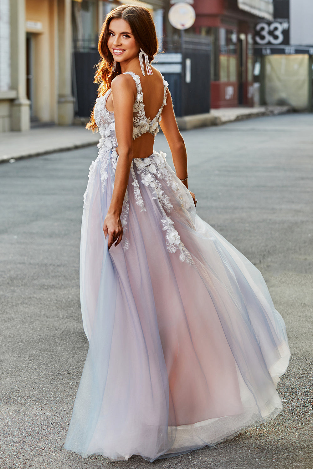 Grey Pink A Line V Neck Long Appliqued Prom Dress With Slit