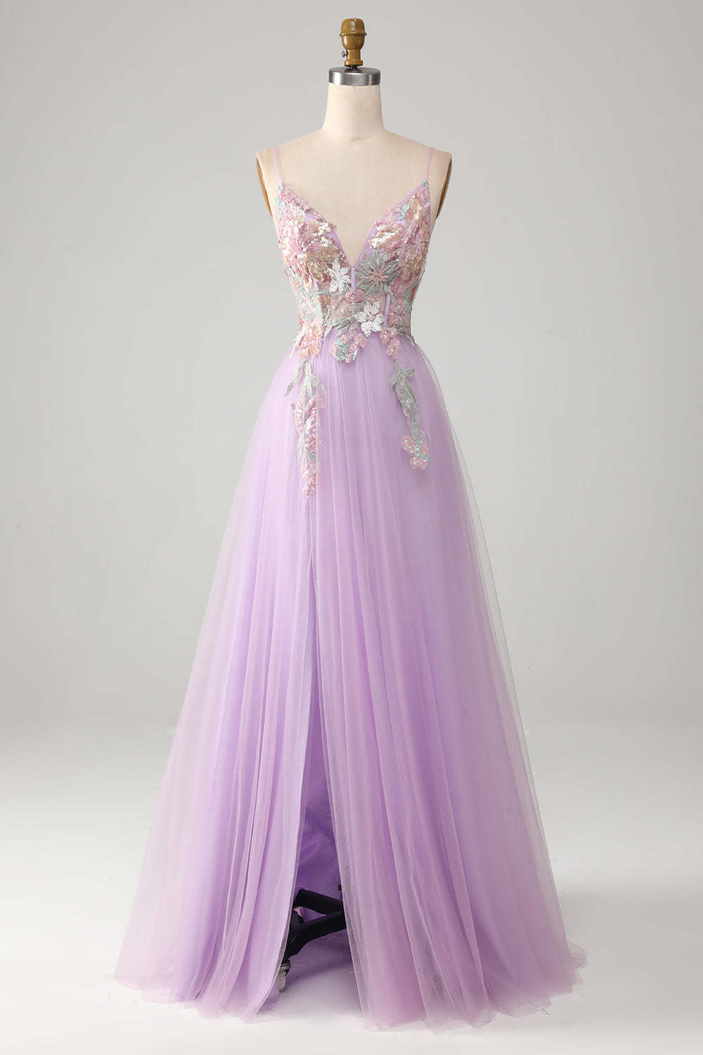 Leely Women Lilac Long Prom Dress Glitter A-Line Spaghetti Straps Formal Dress with Flowers