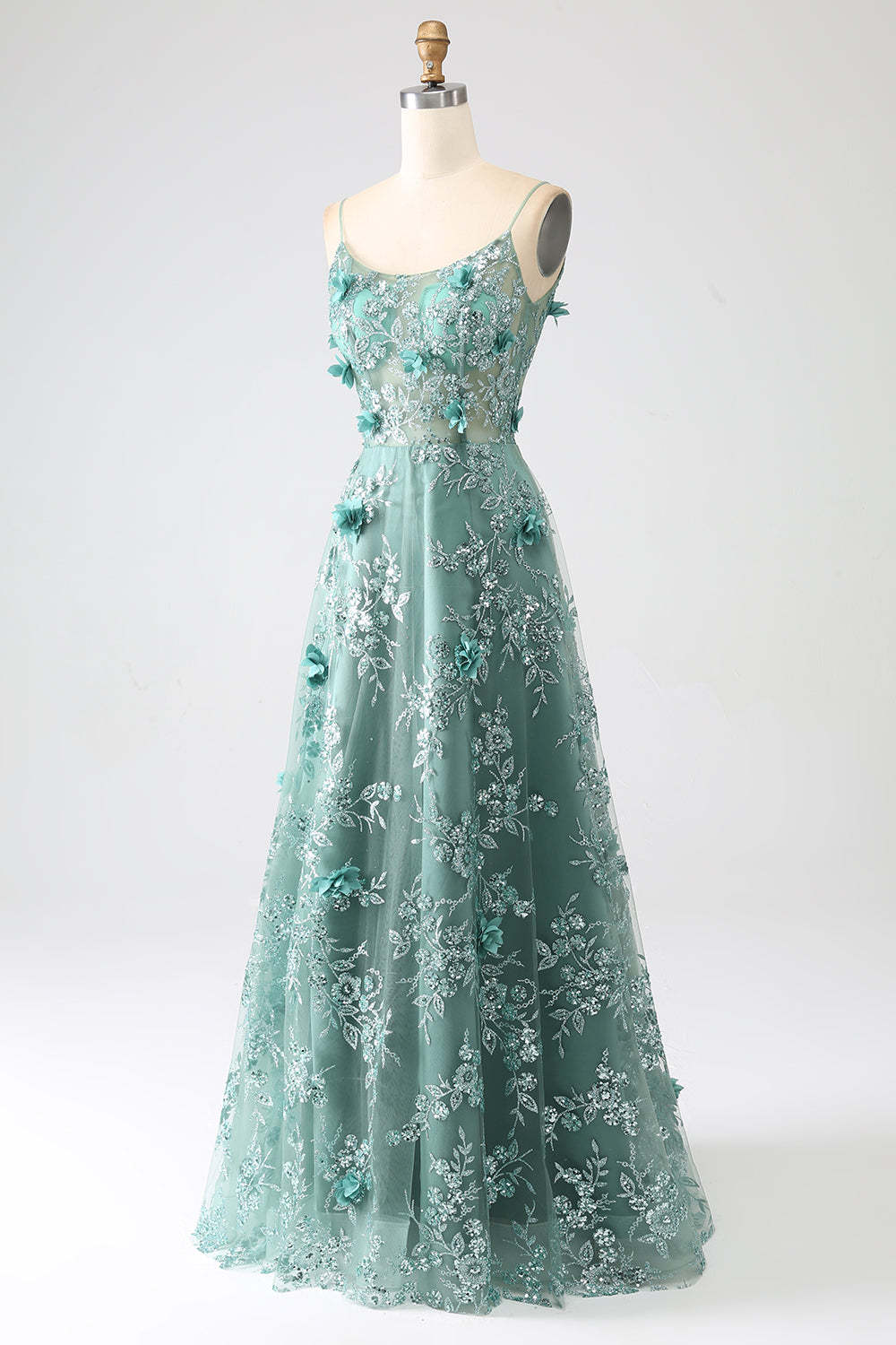 Glitter Grey Green Lace Flower Long Corset Prom Dress