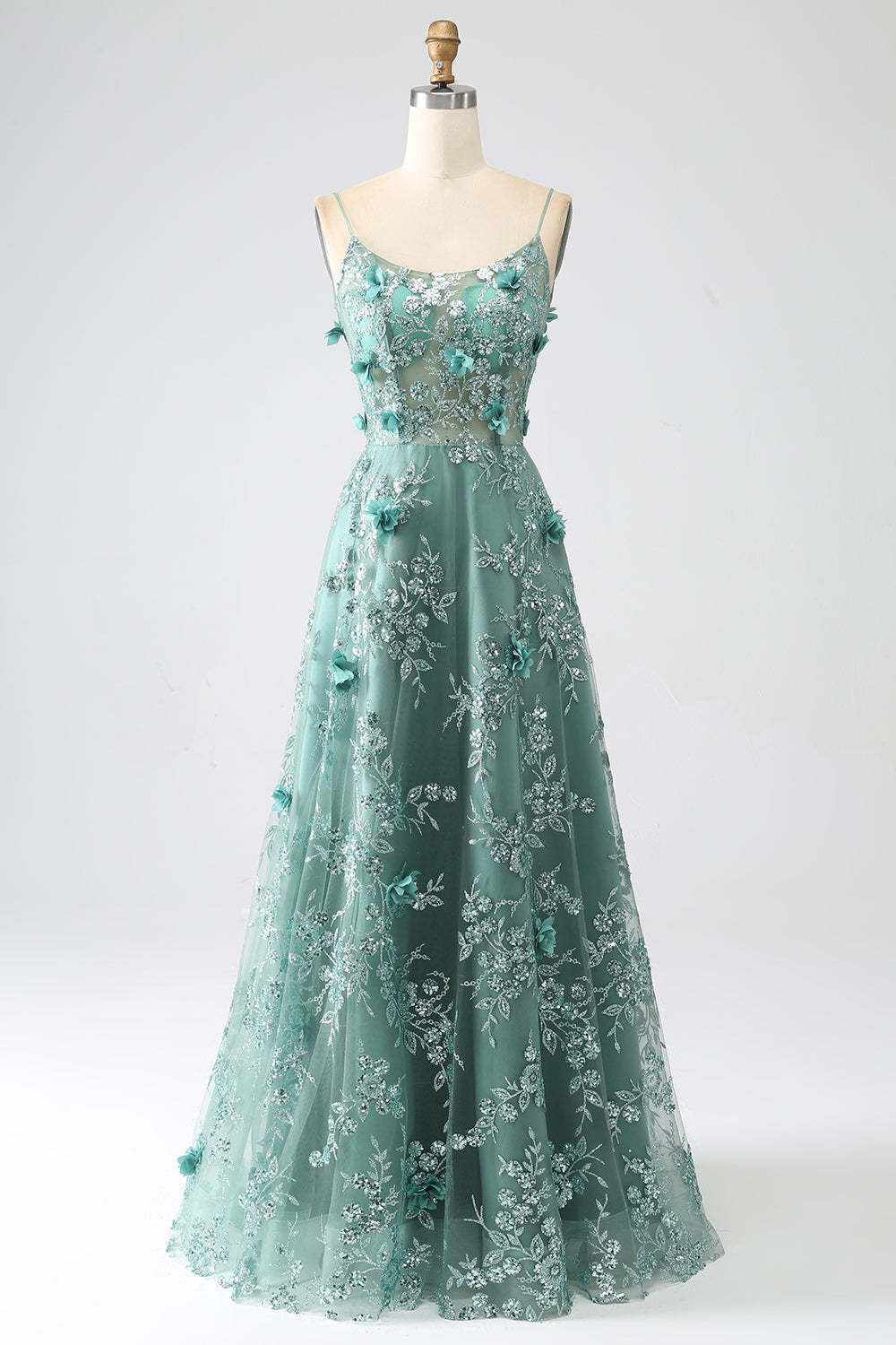 Leely Women Glitter Grey Green Lace Flower Long Corset Prom Dress Spaghetti Straps Formal Dress