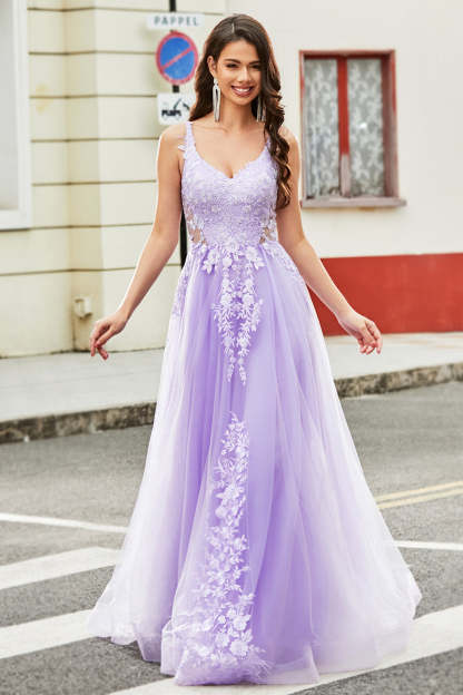 Gorgeous A Line Spaghetti Straps Lilac Tulle Long Prom Dress with Appliques