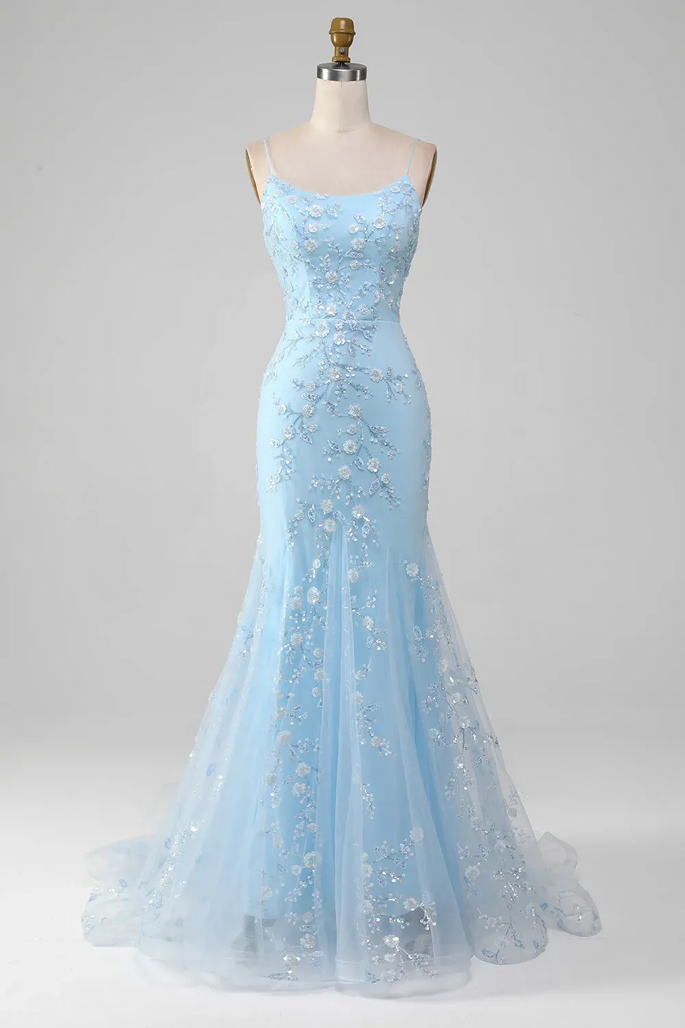 Light Blue Sparkly Beaded Mermaid Long Prom Dress