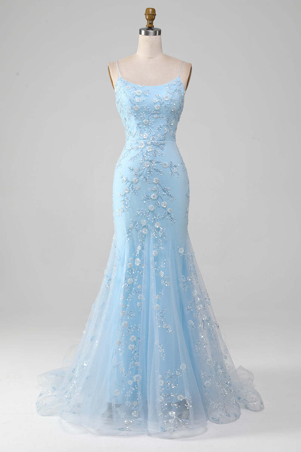 Leely Women Sparkly Light Blue Beaded Mermaid Long Prom Dress Spaghetti Straps Gala Formal Dress