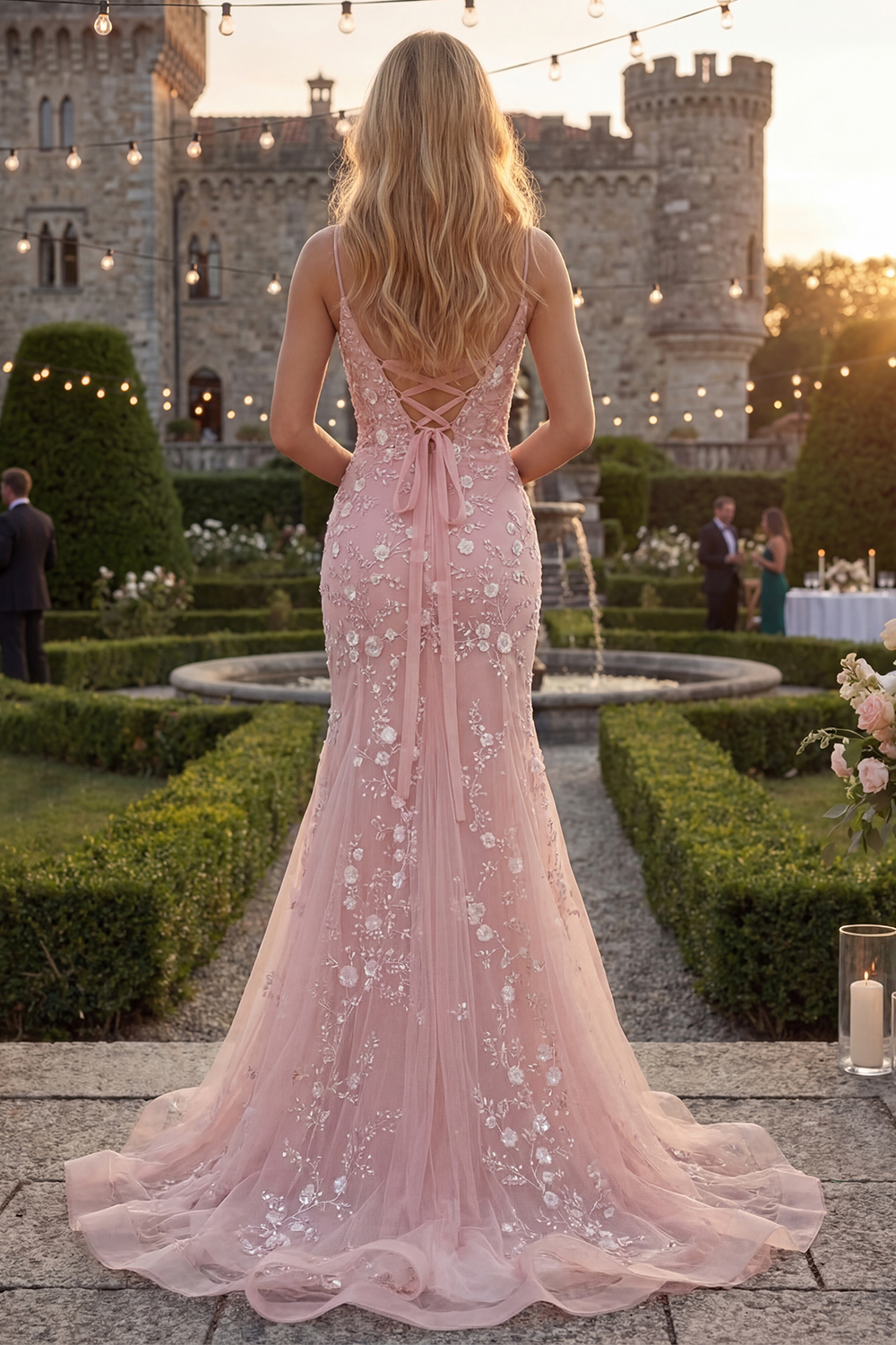 Mermaid Blush Spaghetti Straps Prom Dress with Appliques