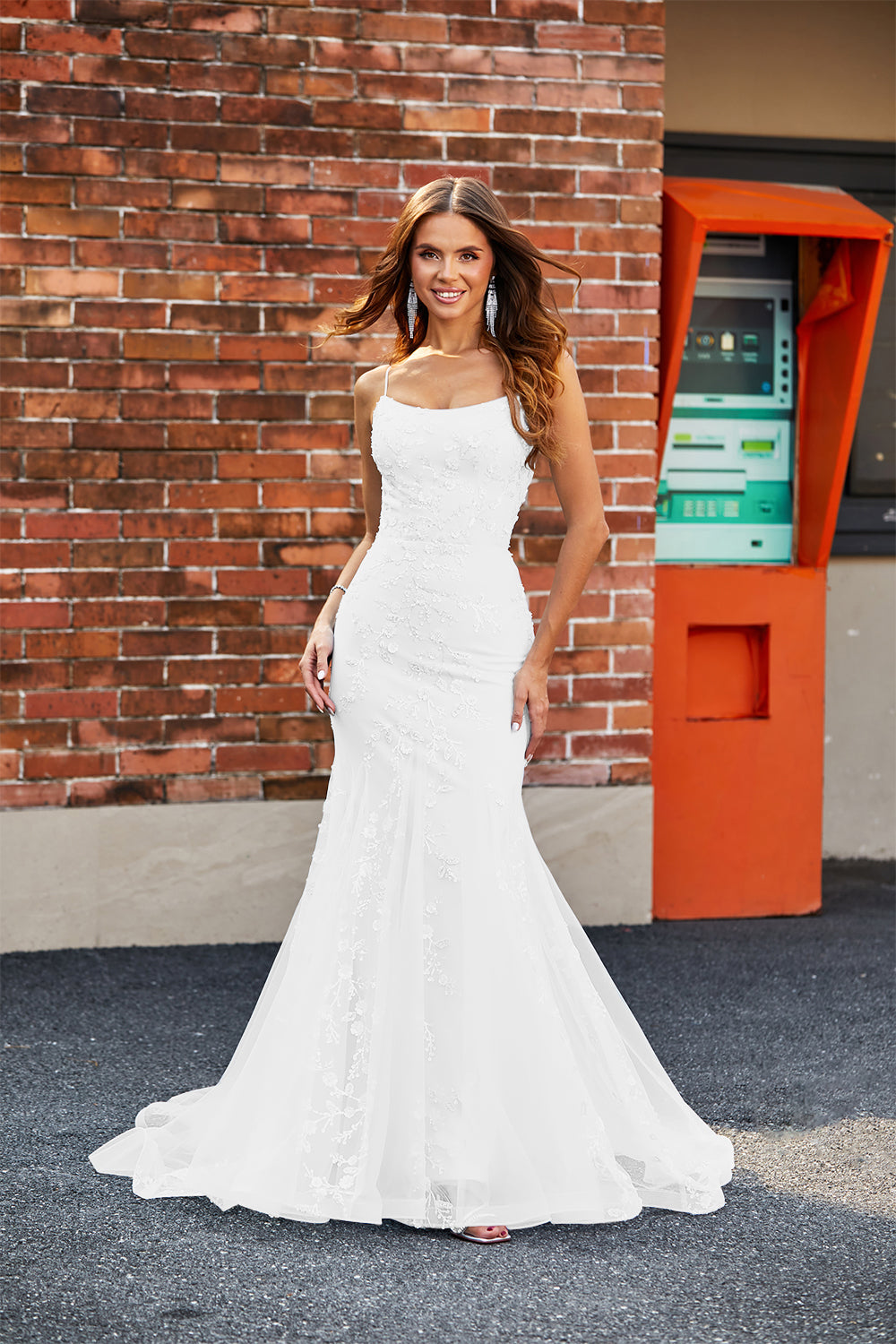 Leely Women White Mermaid Lace Long Wedding Dress Spaghetti Straps Bridal Dress